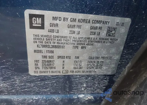 2021 Chevrolet Trailblazer Awd Lt из США, поврежденный, VIN KL79MRSL3MB009161